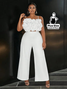 Conjunto Cropped Texturizado Com Calça Pantalona Plus Size Branco / G Conjunto Cropped Texturizado Com Calça Pantalona