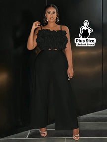 Conjunto Cropped Texturizado Com Calça Pantalona Plus Size Preto / G Conjunto Cropped Texturizado Com Calça Pantalona