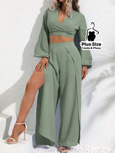 Conjunto Cropped Transpassado Com Calça Fenda Lateral Plus Size G Conjunto Cropped Transpassado Com Calça Fenda Lateral