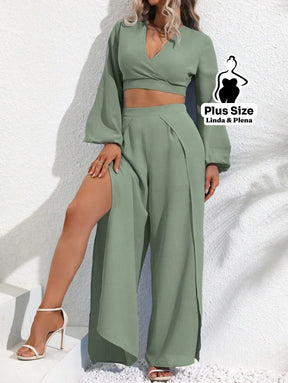 Conjunto Cropped Transpassado Com Calça Fenda Lateral Plus Size G Conjunto Cropped Transpassado Com Calça Fenda Lateral
