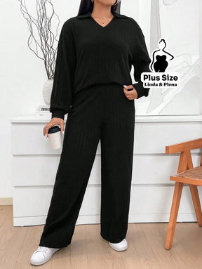 Conjunto De Inverno Canelado Com Blusa Larga Plus Size Conjunto De Inverno Canelado Com Blusa Larga Plus Size