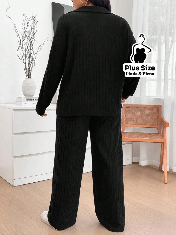 Conjunto De Inverno Canelado Com Blusa Larga Plus Size Conjunto De Inverno Canelado Com Blusa Larga Plus Size
