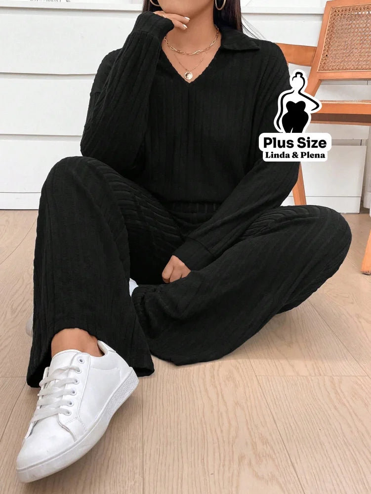 Conjunto De Inverno Canelado Com Blusa Larga Plus Size Preto / G Conjunto De Inverno Canelado Com Blusa Larga Plus Size