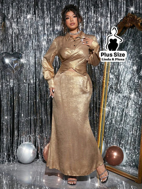 Conjunto Dourado Brilhante Com Camisa E Saia Longa Plus Size Conjunto Dourado Brilhante Com Camisa E Saia Longa Plus