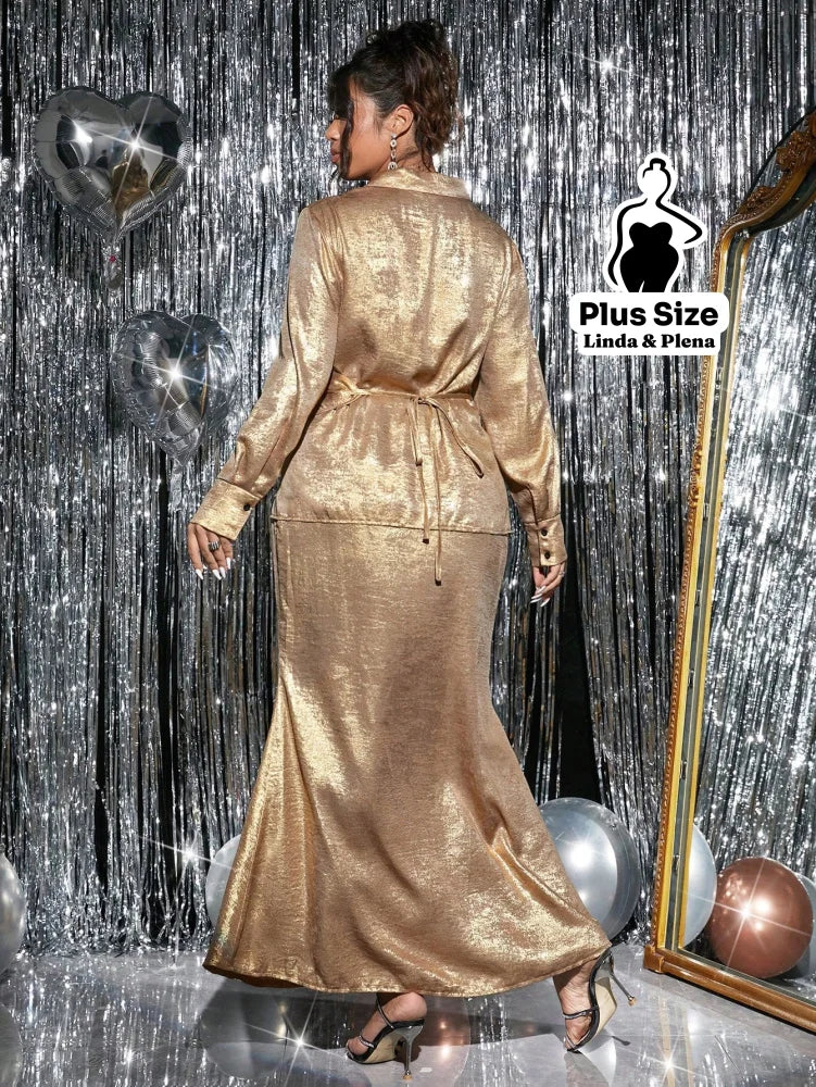 Conjunto Dourado Brilhante Com Camisa E Saia Longa Plus Size Conjunto Dourado Brilhante Com Camisa E Saia Longa Plus