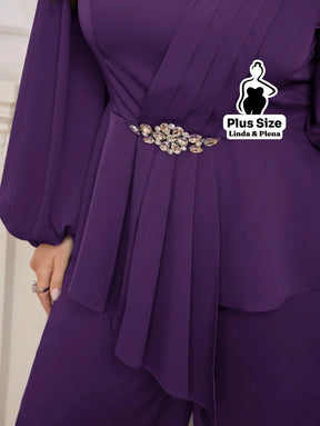 Conjunto Elegante Com Babado Cintura Marcada E Calça Plus Size Conjunto Elegante Com Babado Cintura Marcada E Calça