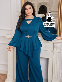Conjunto Elegante Com Babado Cintura Marcada E Calça Plus Size Azul Marinho / G Conjunto Elegante Com Babado Cintura