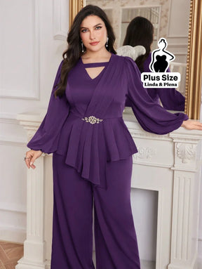 Conjunto Elegante Com Babado Cintura Marcada E Calça Plus Size Roxo / G Conjunto Elegante Com Babado Cintura Marcada E