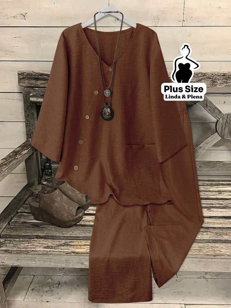 Conjunto Elegante com Blusa Assimétrica e Calça Plus Size Café / G Conjunto Elegante com Blusa Assimétrica e Calça Plus