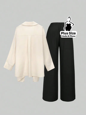 Conjunto Elegante com Blusa Transpassada e Calça Reta Plus Size Conjunto Elegante com Blusa Transpassada e Calça Reta
