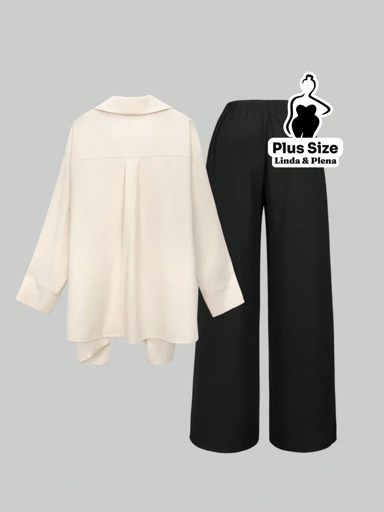 Conjunto Elegante com Blusa Transpassada e Calça Reta Plus Size Conjunto Elegante com Blusa Transpassada e Calça Reta