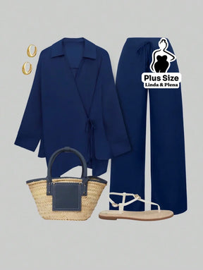 Conjunto Elegante com Blusa Transpassada e Calça Reta Plus Size Azul Marinho / G Conjunto Elegante com Blusa