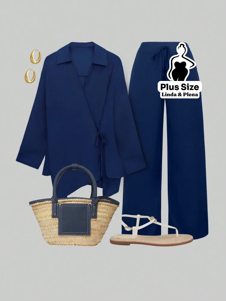 Conjunto Elegante com Blusa Transpassada e Calça Reta Plus Size Azul Marinho / G Conjunto Elegante com Blusa