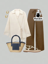 Conjunto Elegante com Blusa Transpassada e Calça Reta Plus Size Caqui / G Conjunto Elegante com Blusa Transpassada e