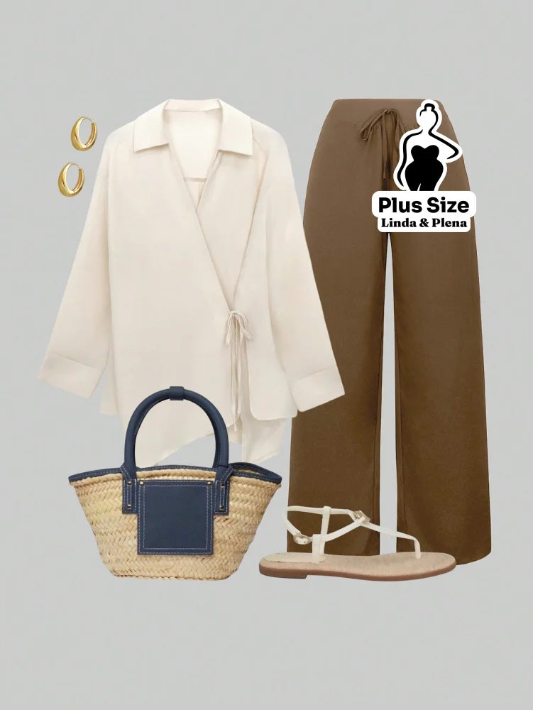 Conjunto Elegante com Blusa Transpassada e Calça Reta Plus Size Caqui / G Conjunto Elegante com Blusa Transpassada e