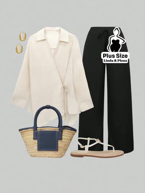 Conjunto Elegante com Blusa Transpassada e Calça Reta Plus Size Caqui e Preto / G Conjunto Elegante com Blusa