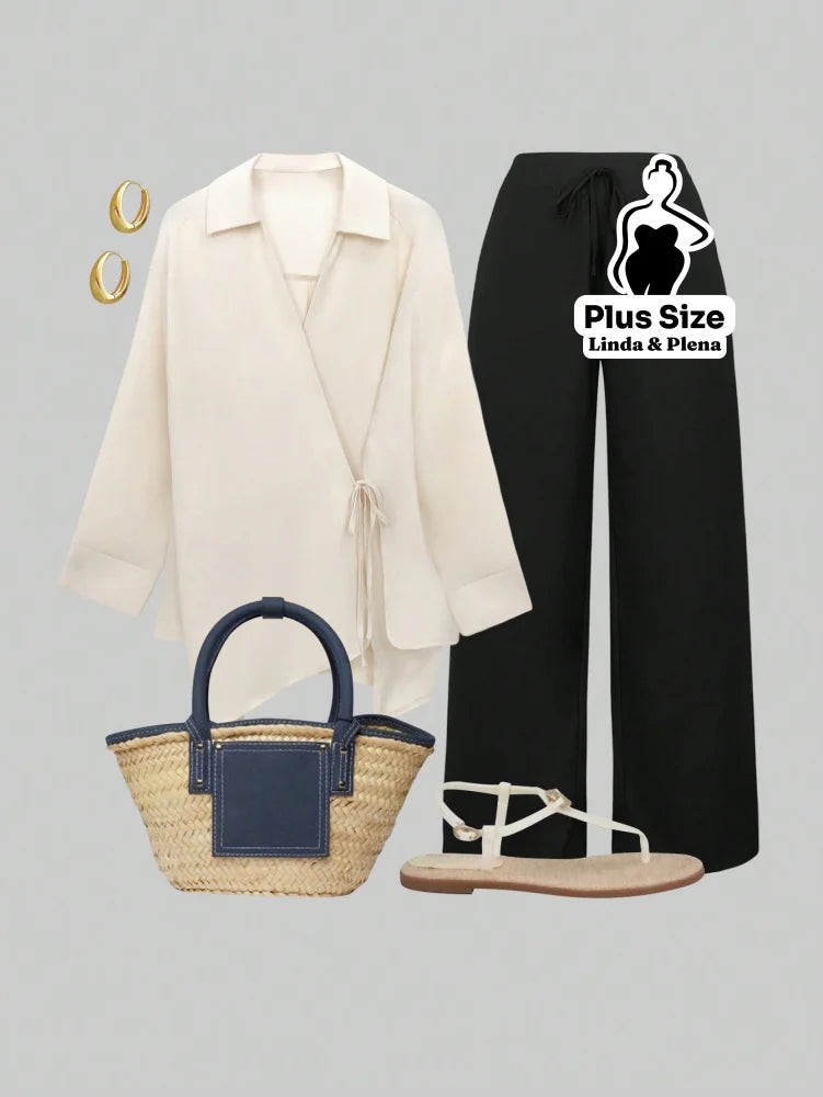 Conjunto Elegante com Blusa Transpassada e Calça Reta Plus Size Caqui e Preto / G Conjunto Elegante com Blusa