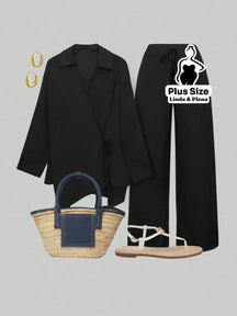 Conjunto Elegante com Blusa Transpassada e Calça Reta Plus Size Preto / G Conjunto Elegante com Blusa Transpassada e