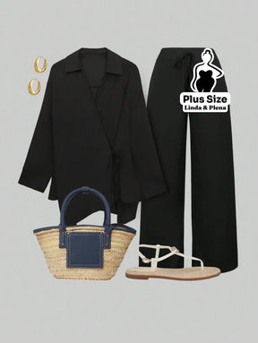 Conjunto Elegante com Blusa Transpassada e Calça Reta Plus Size Preto / G Conjunto Elegante com Blusa Transpassada e