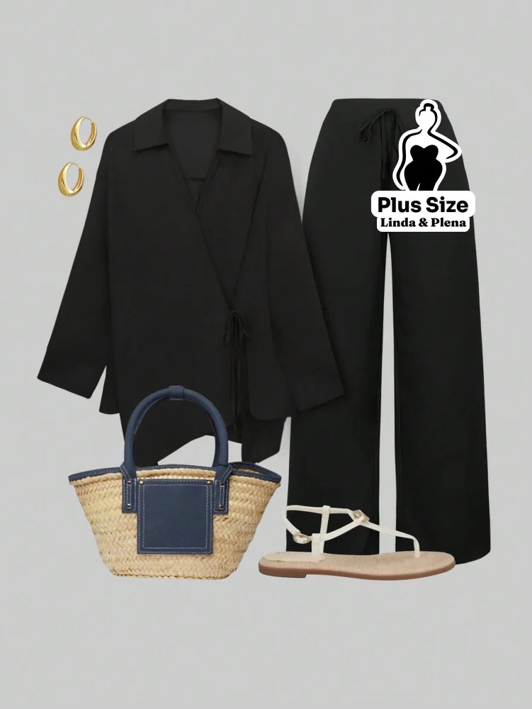 Conjunto Elegante com Blusa Transpassada e Calça Reta Plus Size Preto / G Conjunto Elegante com Blusa Transpassada e