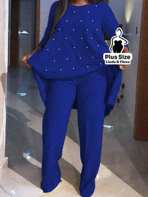 Conjunto Elegante Com Pérolas E Caimento Solto Plus Size Conjunto Elegante Com Pérolas E Caimento Solto Plus Size