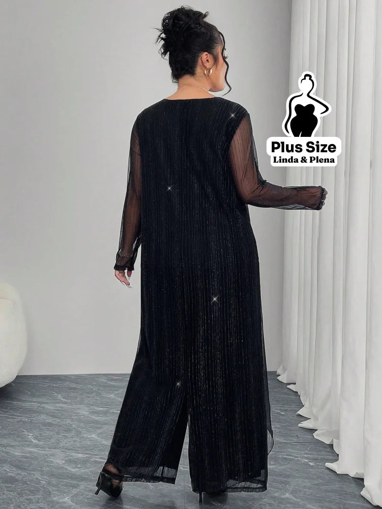 Conjunto Elegante Com Tule Brilhante E Calça Solta Plus Size Conjunto Elegante Com Tule Brilhante E Calça Solta Plus