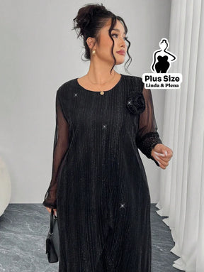 Conjunto Elegante Com Tule Brilhante E Calça Solta Plus Size Conjunto Elegante Com Tule Brilhante E Calça Solta Plus