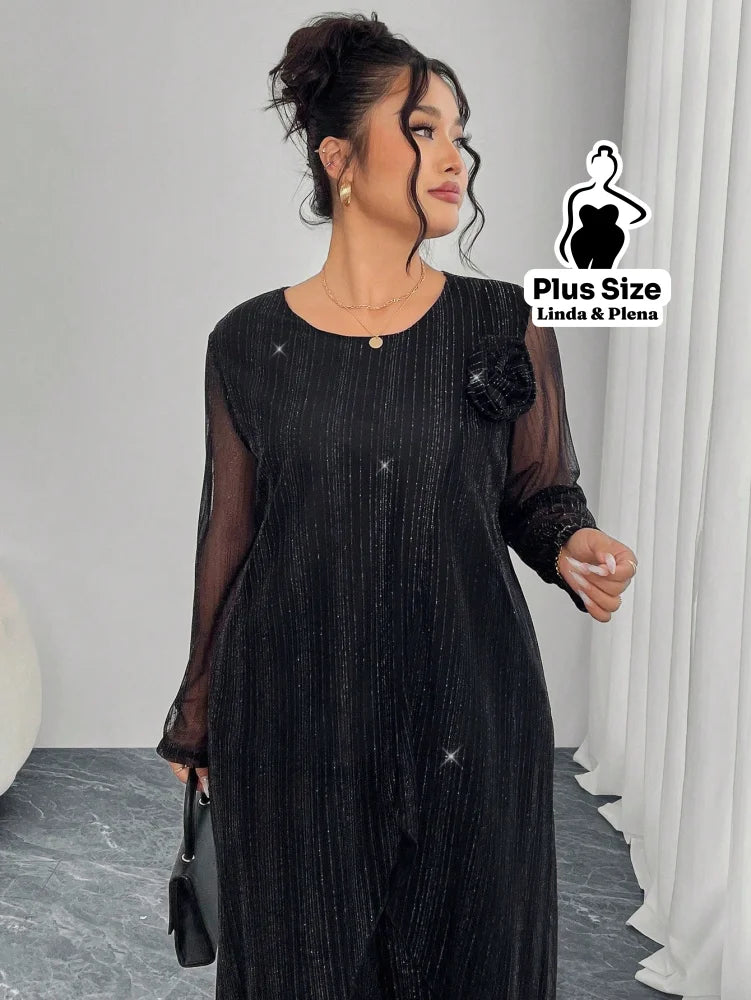 Conjunto Elegante Com Tule Brilhante E Calça Solta Plus Size Conjunto Elegante Com Tule Brilhante E Calça Solta Plus