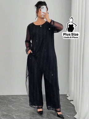Conjunto Elegante Com Tule Brilhante E Calça Solta Plus Size Conjunto Elegante Com Tule Brilhante E Calça Solta Plus