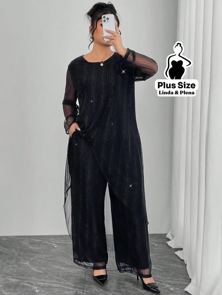 Conjunto Elegante Com Tule Brilhante E Calça Solta Plus Size Conjunto Elegante Com Tule Brilhante E Calça Solta Plus