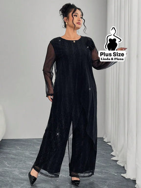 Conjunto Elegante Com Tule Brilhante E Calça Solta Plus Size Conjunto Elegante Com Tule Brilhante E Calça Solta Plus