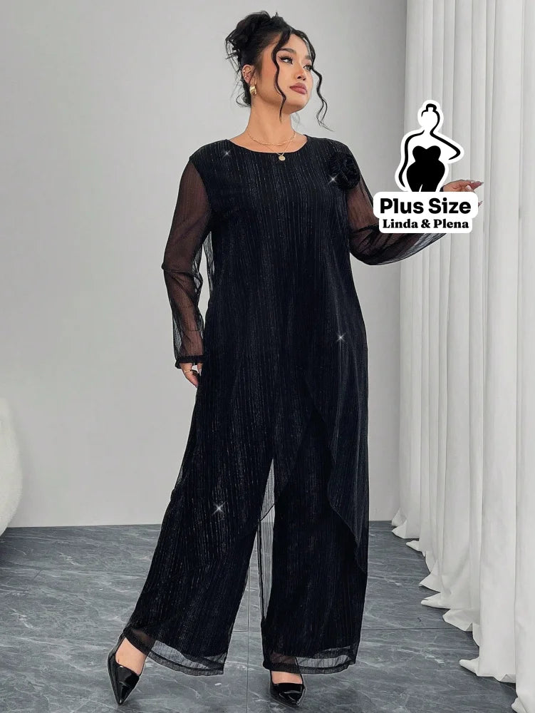Conjunto Elegante Com Tule Brilhante E Calça Solta Plus Size Conjunto Elegante Com Tule Brilhante E Calça Solta Plus