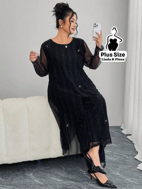 Conjunto Elegante Com Tule Brilhante E Calça Solta Plus Size Conjunto Elegante Com Tule Brilhante E Calça Solta Plus