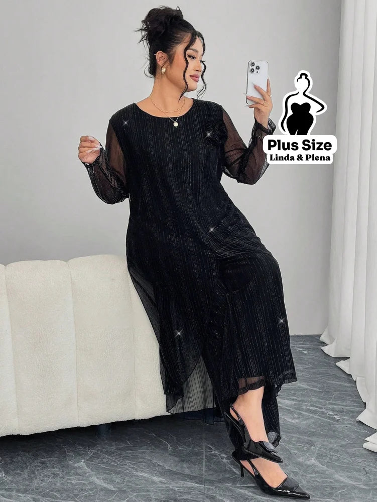 Conjunto Elegante Com Tule Brilhante E Calça Solta Plus Size Conjunto Elegante Com Tule Brilhante E Calça Solta Plus
