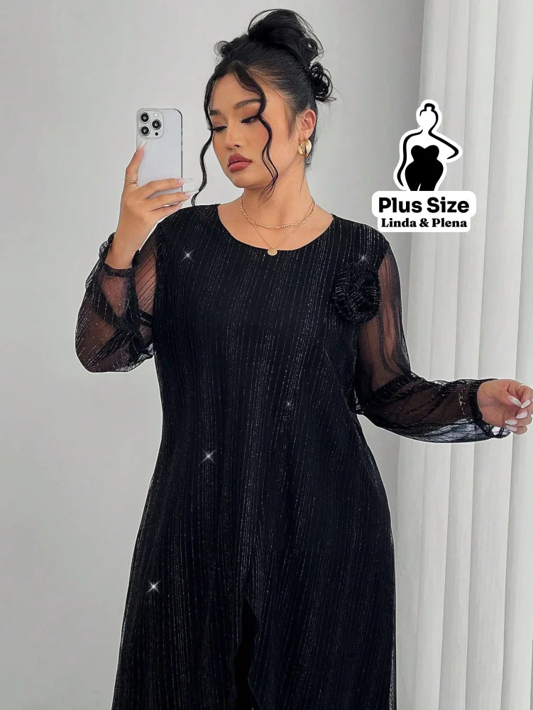 Conjunto Elegante Com Tule Brilhante E Calça Solta Plus Size G Conjunto Elegante Com Tule Brilhante E Calça Solta Plus