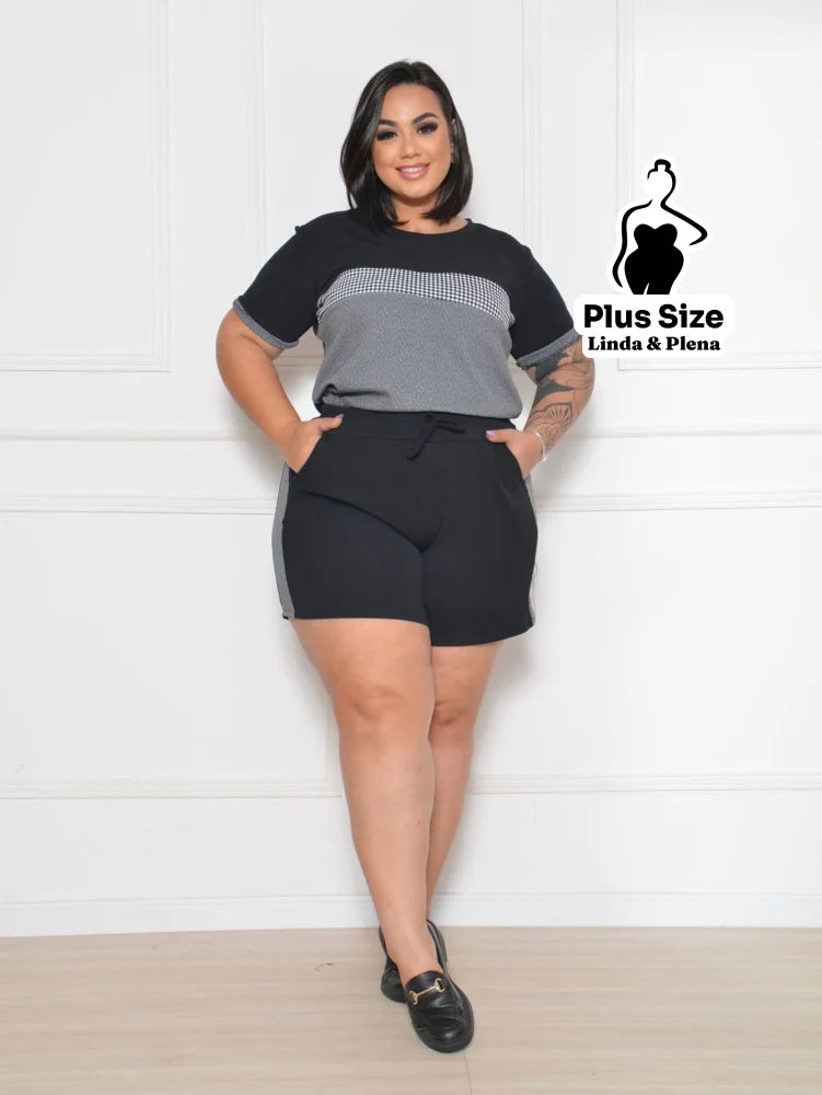 Conjunto Esportivo Azul com Blusa Estampada e Shorts Plus Size Cinza / G Conjunto Esportivo Azul com Blusa Estampada e