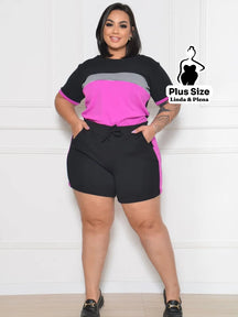 Conjunto Esportivo Azul com Blusa Estampada e Shorts Plus Size Pink / G Conjunto Esportivo Azul com Blusa Estampada e