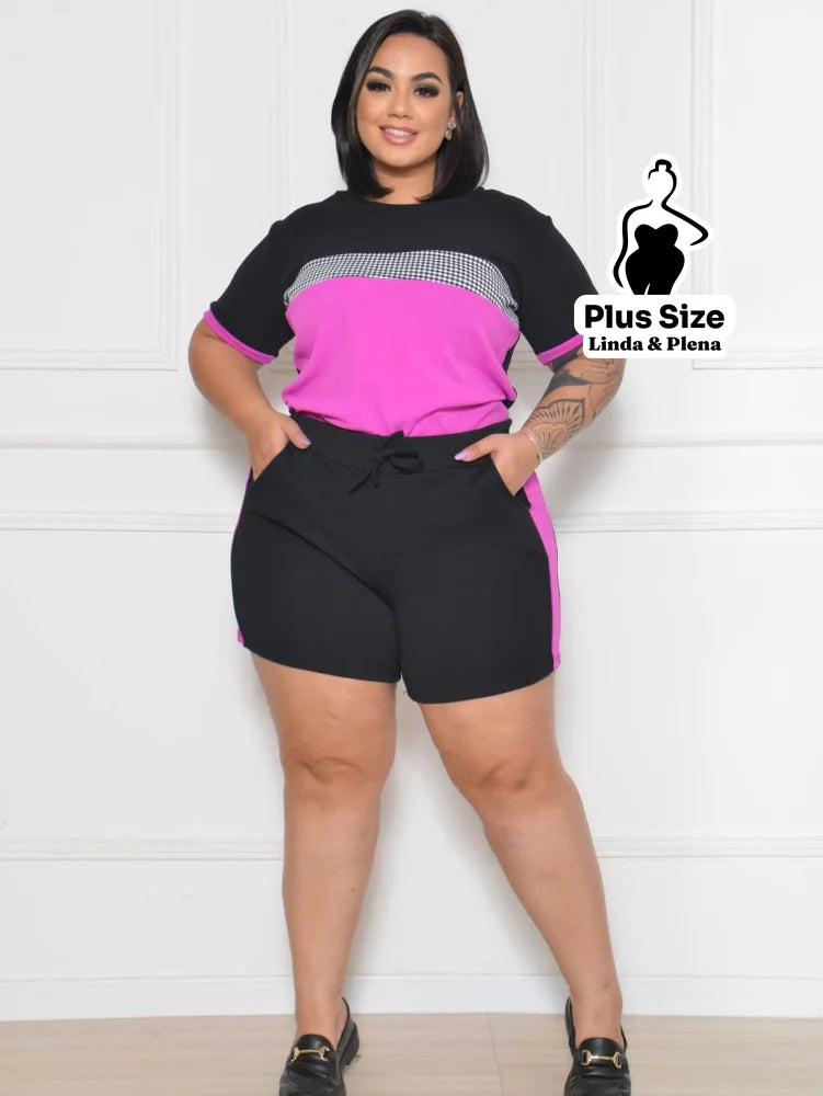 Conjunto Esportivo Azul com Blusa Estampada e Shorts Plus Size Pink / G Conjunto Esportivo Azul com Blusa Estampada e