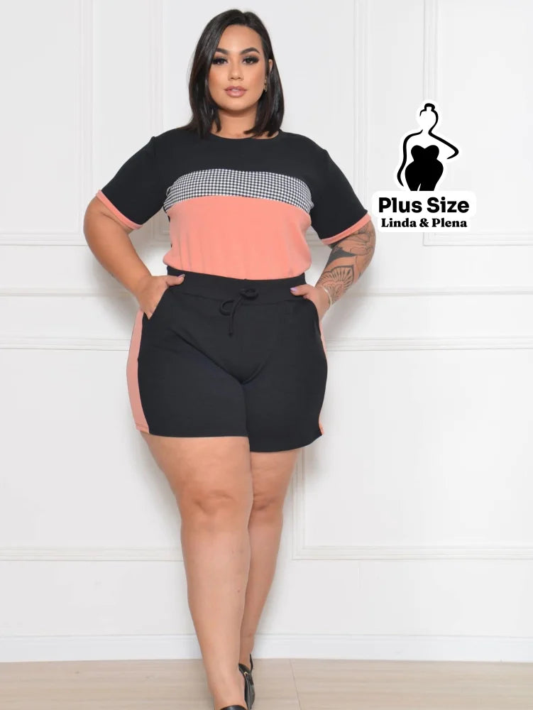 Conjunto Esportivo Azul com Blusa Estampada e Shorts Plus Size Rosê / G Conjunto Esportivo Azul com Blusa Estampada e