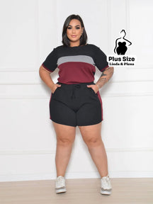Conjunto Esportivo Azul com Blusa Estampada e Shorts Plus Size Vinho / G Conjunto Esportivo Azul com Blusa Estampada e