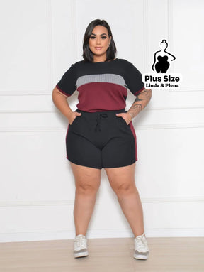 Conjunto Esportivo Azul com Blusa Estampada e Shorts Plus Size Vinho / G Conjunto Esportivo Azul com Blusa Estampada e