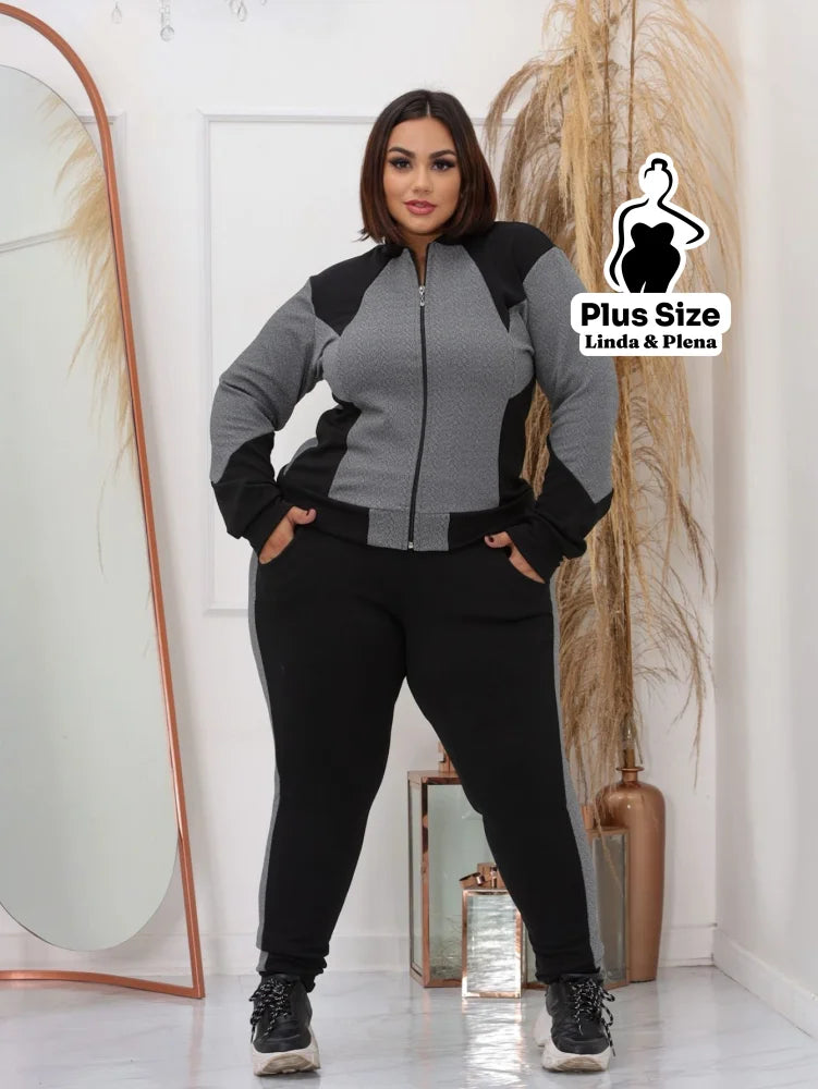 Conjunto Esportivo Bicolor com Jaqueta e Calça Plus Size Cinza Claro / G Conjunto Esportivo Bicolor com Jaqueta e Calça