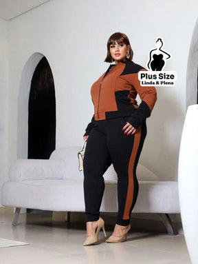 Conjunto Esportivo Bicolor com Jaqueta e Calça Plus Size Marrom / G Conjunto Esportivo Bicolor com Jaqueta e Calça Plus