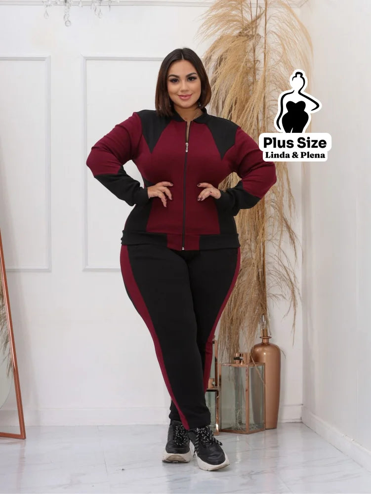 Conjunto Esportivo Bicolor com Jaqueta e Calça Plus Size Vinho / G Conjunto Esportivo Bicolor com Jaqueta e Calça Plus