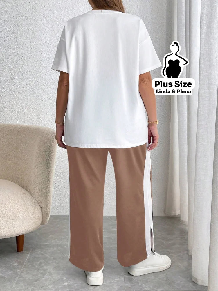 Conjunto Esportivo Com Blusa Estampada E Calça Lateral Plus Size Conjunto Esportivo Com Blusa Estampada E Calça Lateral