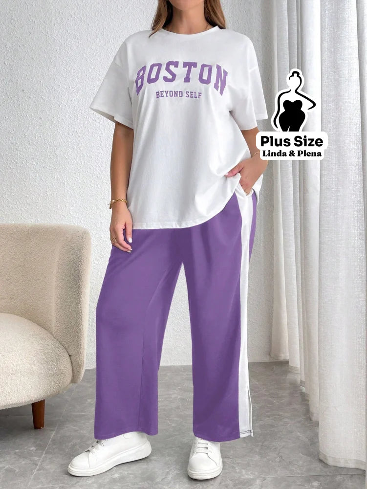 Conjunto Esportivo Com Blusa Estampada E Calça Lateral Plus Size Conjunto Esportivo Com Blusa Estampada E Calça Lateral
