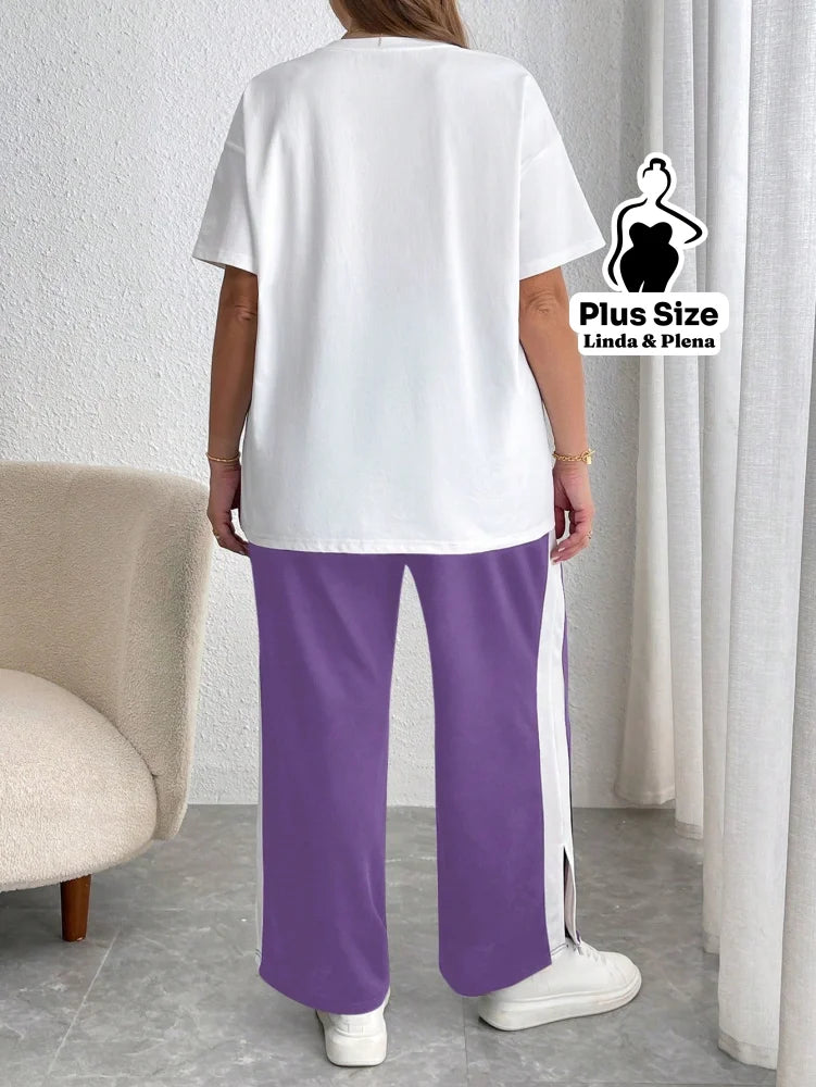 Conjunto Esportivo Com Blusa Estampada E Calça Lateral Plus Size Conjunto Esportivo Com Blusa Estampada E Calça Lateral