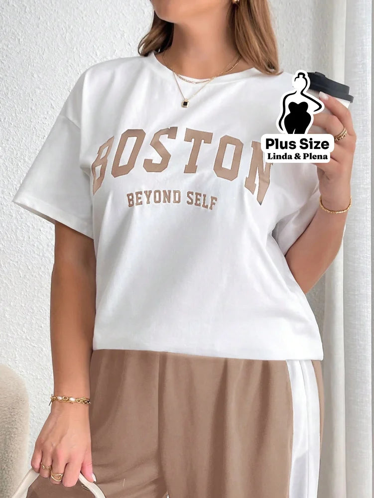 Conjunto Esportivo Com Blusa Estampada E Calça Lateral Plus Size Conjunto Esportivo Com Blusa Estampada E Calça Lateral