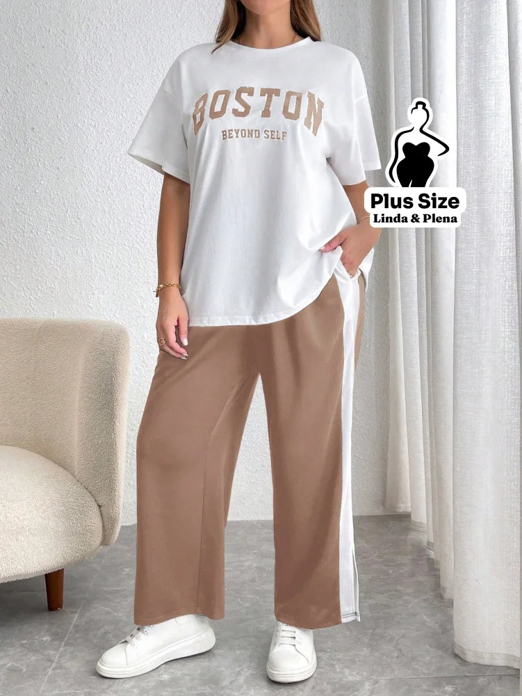 Conjunto Esportivo Com Blusa Estampada E Calça Lateral Plus Size Conjunto Esportivo Com Blusa Estampada E Calça Lateral