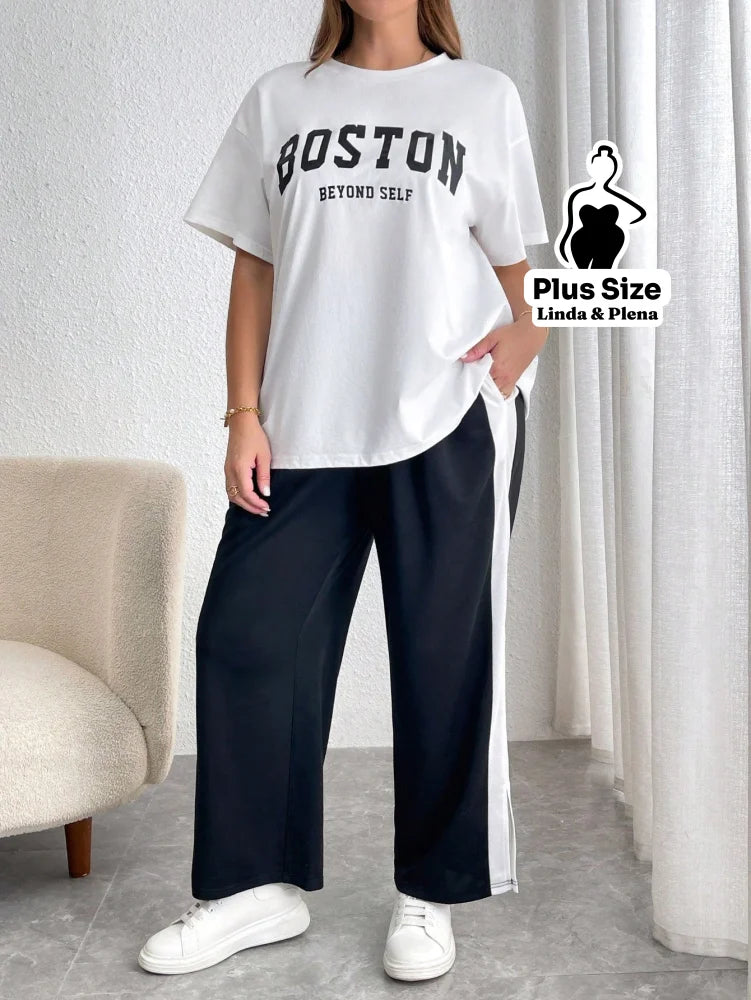 Conjunto Esportivo Com Blusa Estampada E Calça Lateral Plus Size Conjunto Esportivo Com Blusa Estampada E Calça Lateral